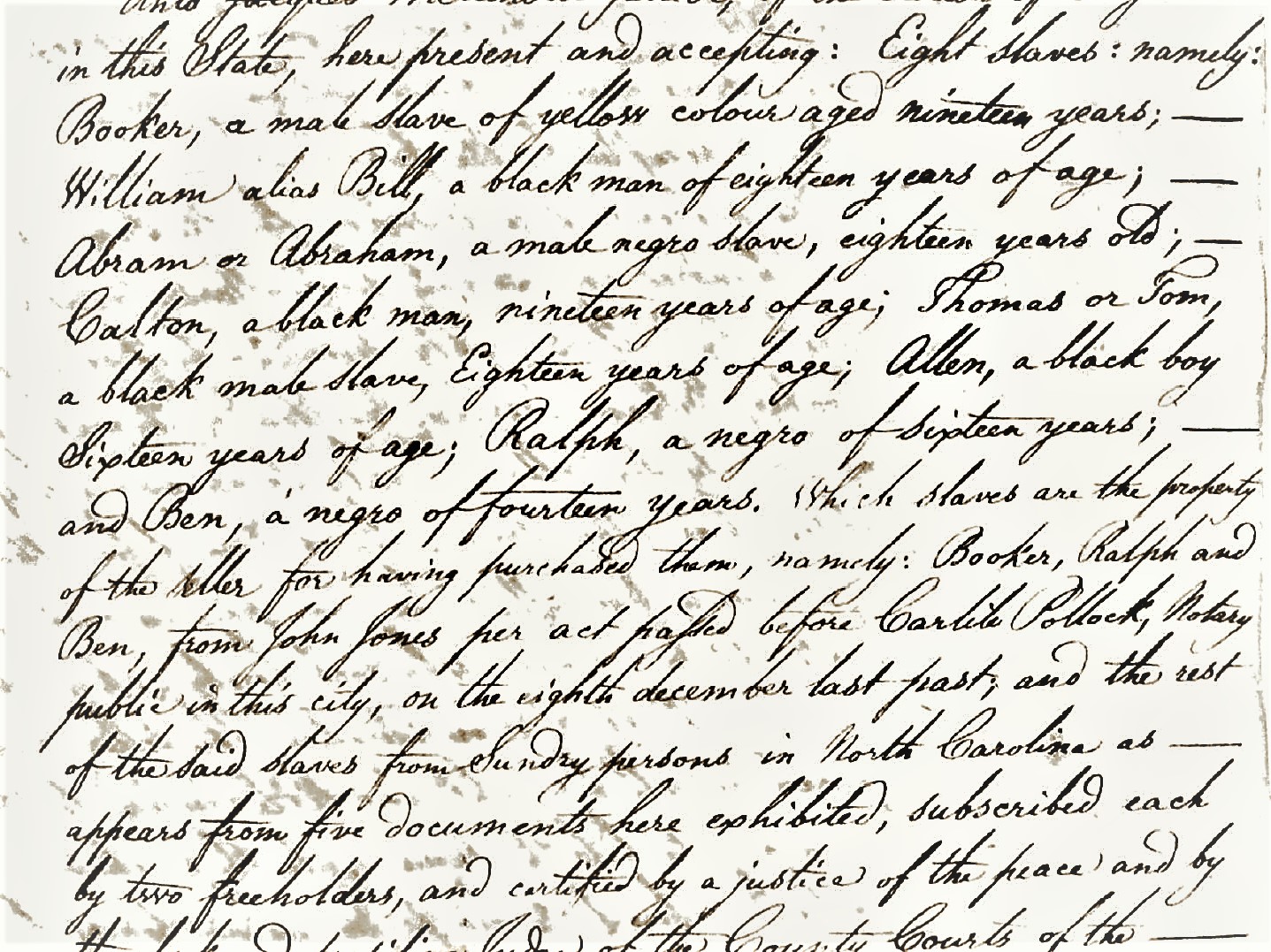 Contrat de vente concernant huit hommes, entre Joseph Mélançon fils et James Huie, indiquant la provenance de ces premiers, 14 janvier 1831, Archives notariales de Le Nouvelle-Orléans, Livre 4 de Theodore Seghers, no 18.