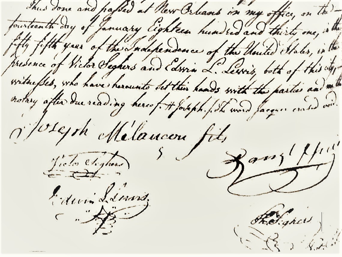Les signatures de Joseph Mélançon fils et du trafiquant esclavagiste James Huie.