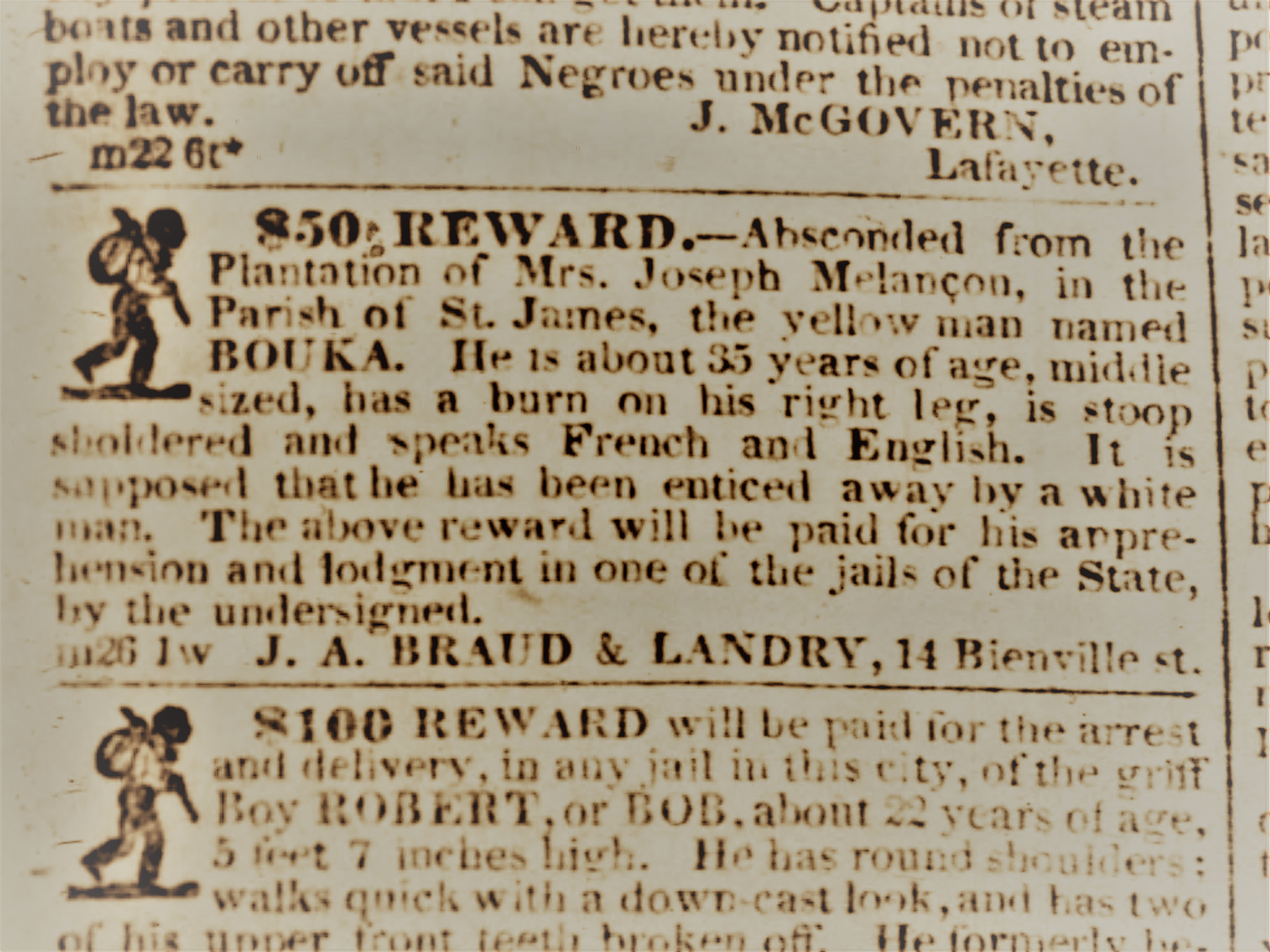 Annonce parue dans The Daily Picayune (La Nouvelle-Orléans), 28 mars 1845, au sujet de la fuite de Bouca ou Booker.