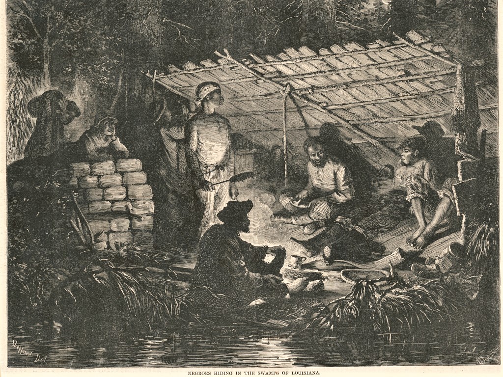 «Negroes hiding in the swamps of Louisiana», gravure parue dans Harper's Weekly, 10 mai 1873 p. 396 (Source : Bibliothèque du Congrès des États-Unis; image dans le domaine public)